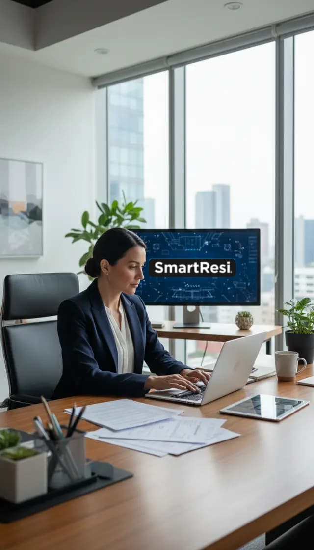 Mujer profesional trabajando en su laptop en una oficina moderna con el logo de SmartResi.